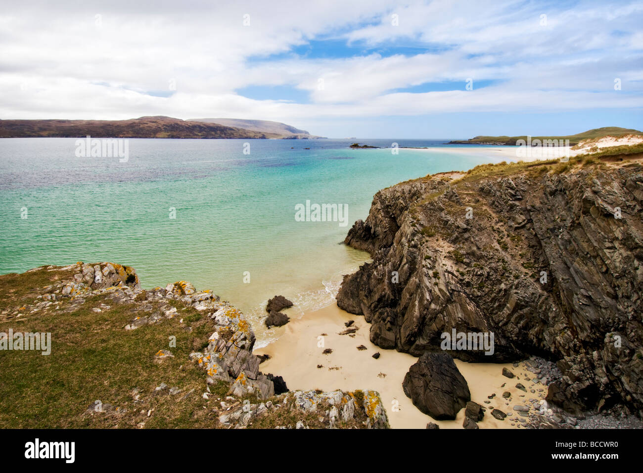 Superbe plage de sable fin, de criques et de la baie de Balnakeil Bay, Durness, Sutherland en Écosse à l'extérieur, vers Cape Wrath Banque D'Images