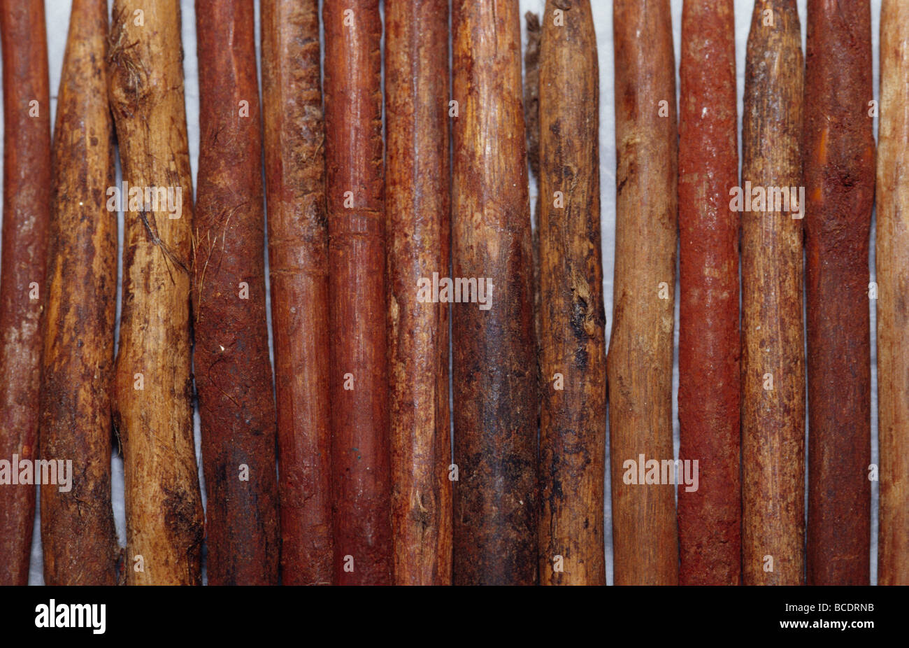 Les chevilles en bois teinté d'ocre à partir de la Dja Dja Wurrung tribu. Banque D'Images