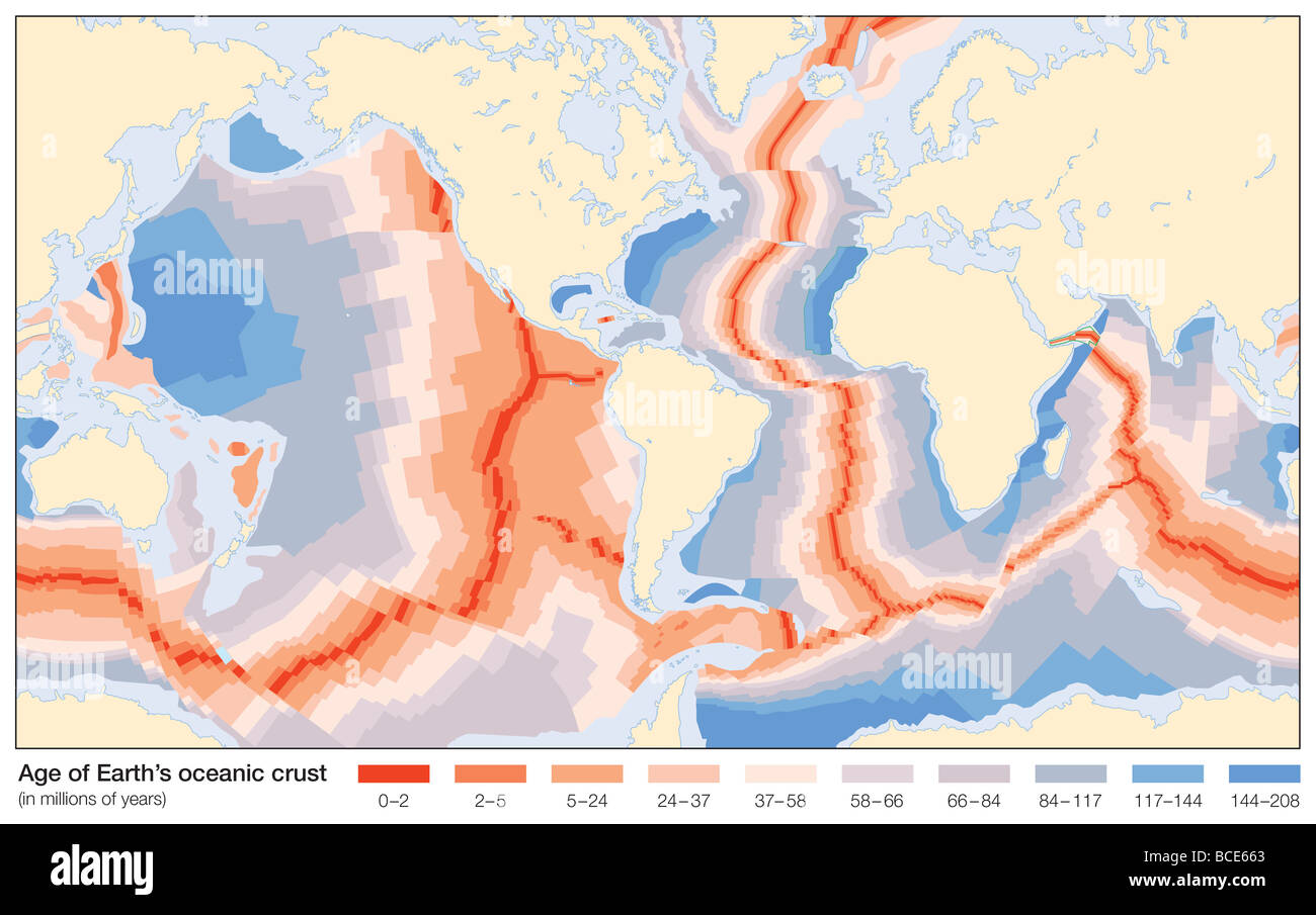 L'âge de la croûte océanique de la Terre, mesurée en millions d'années. Banque D'Images