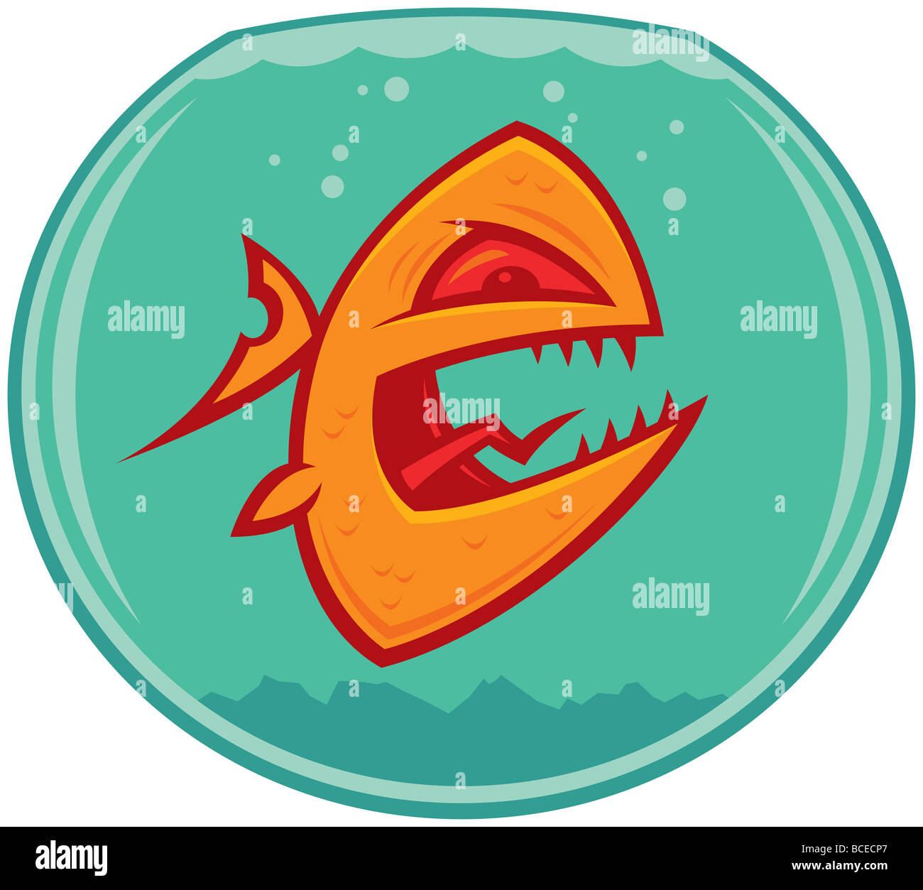 Vector cartoon d'un cercle vicieux en colère et poisson rouge dans un petit bocal. Il pourrait aussi être un piranha. Banque D'Images