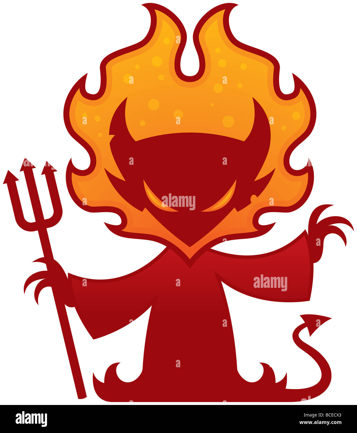 Cartoon vector dessin d'un diable avec des flammes autour de sa tête avec une fourche. Banque D'Images