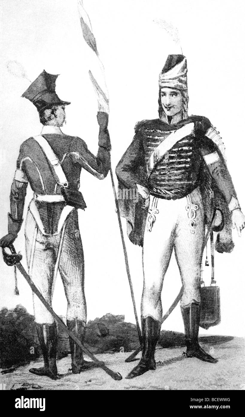 Les dessins montre deux soldats en uniformes portés par les émigrants français pendant la Révolution française (1780-1799), Banque D'Images
