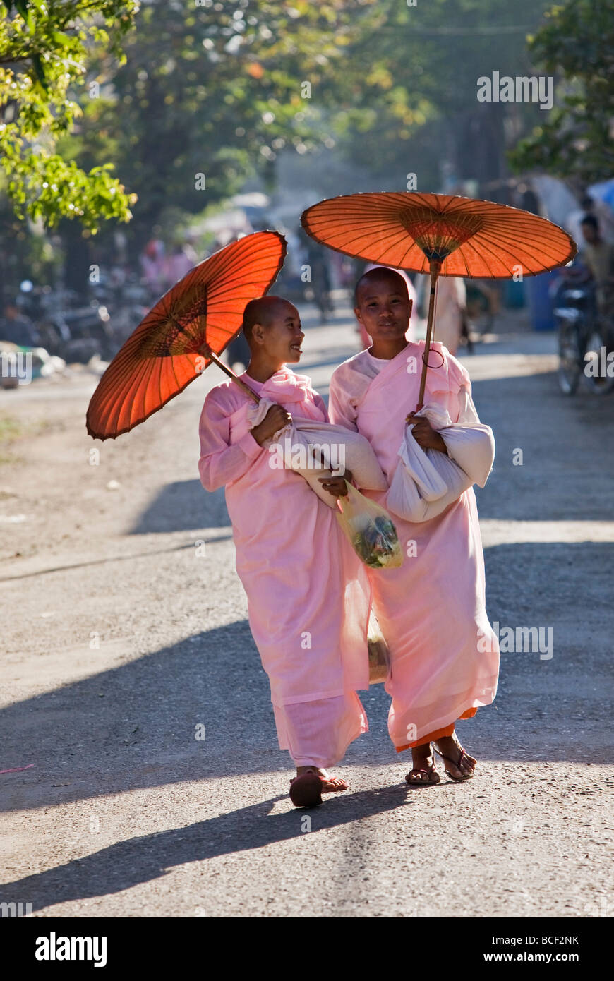 Le Myanmar, Birmanie, Sittwe. Les nonnes bouddhistes traditionnelles à pans avec bambou orange parasols à pied à travers les rues de Sittwe. Banque D'Images