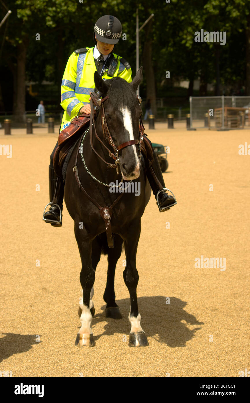 Policewoman with horse en service à St Jame's Park , le centre de Londres. Banque D'Images