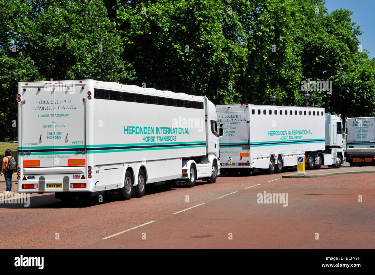 Trois camions articulés Heronden International Horse transport en convoi quittant Hyde Park Londres après avoir livré ou récupéré England UK Banque D'Images