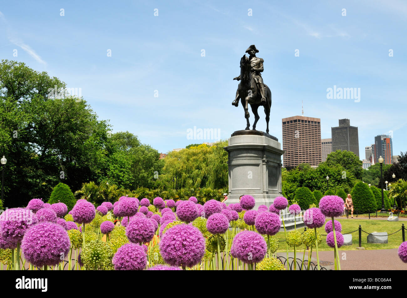 Statue de George Washington dans les jardins publics de Boston Common avec Allium géant en fleurs et sur les toits de la ville en arrière-plan Banque D'Images