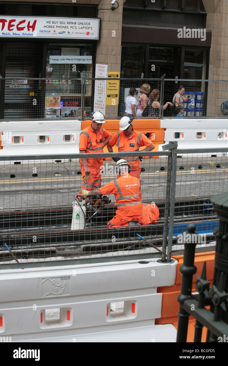 Renouvellement des voies de tram Metro Link Manchester Manchester Angleterre Système Mosley Street Banque D'Images