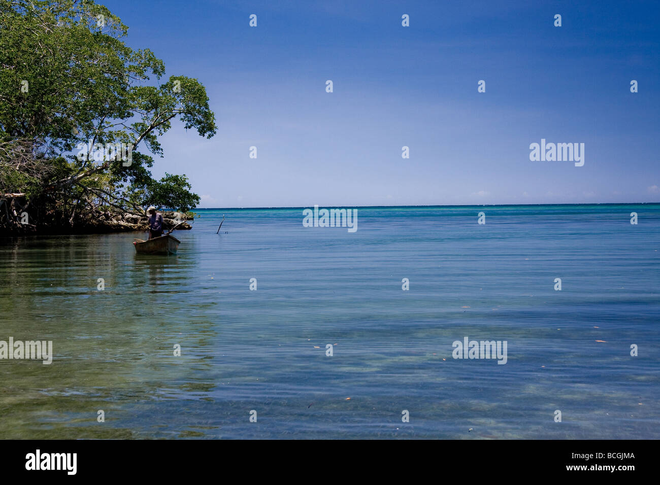 Une promenade en bateau à travers la forêt de mangrove en passant un vieil homme pêche en République Dominicaine Playa Grande Banque D'Images