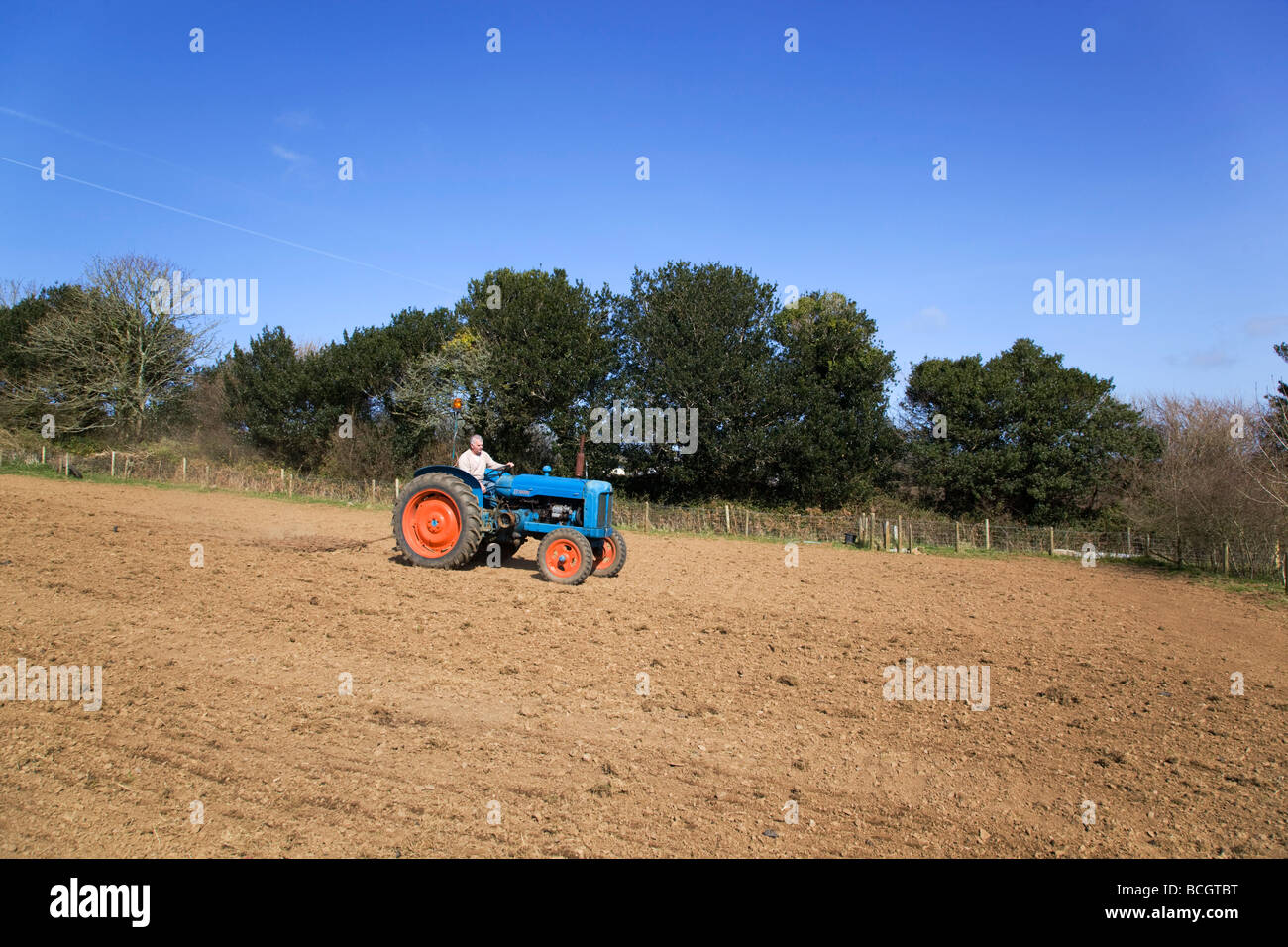 Le hersage avec un tracteur Fordson Major Cornwall Banque D'Images