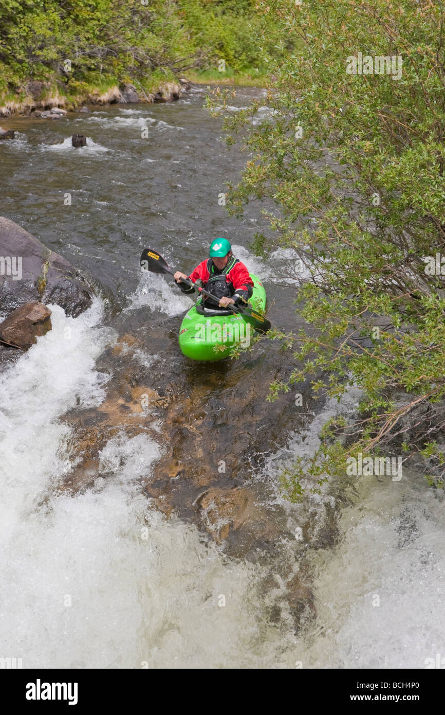 Ruisseau aventureux kayakiste bateau tombe saut au-dessus du ruisseau clair Empire, Colorado Banque D'Images