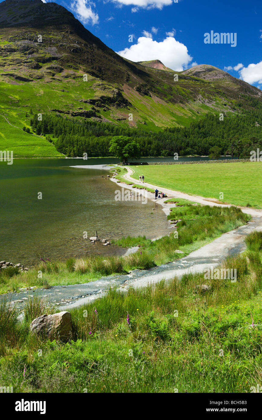 Rivage du lac Buttermere avec 'Red Pike" de montagne, sur le lac, 'le Lake District' Cumbria England UK Banque D'Images