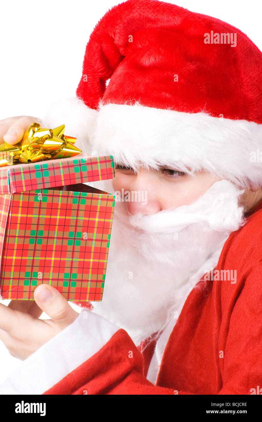 Le Père Noël à la boîte-cadeau en isolated on white Banque D'Images