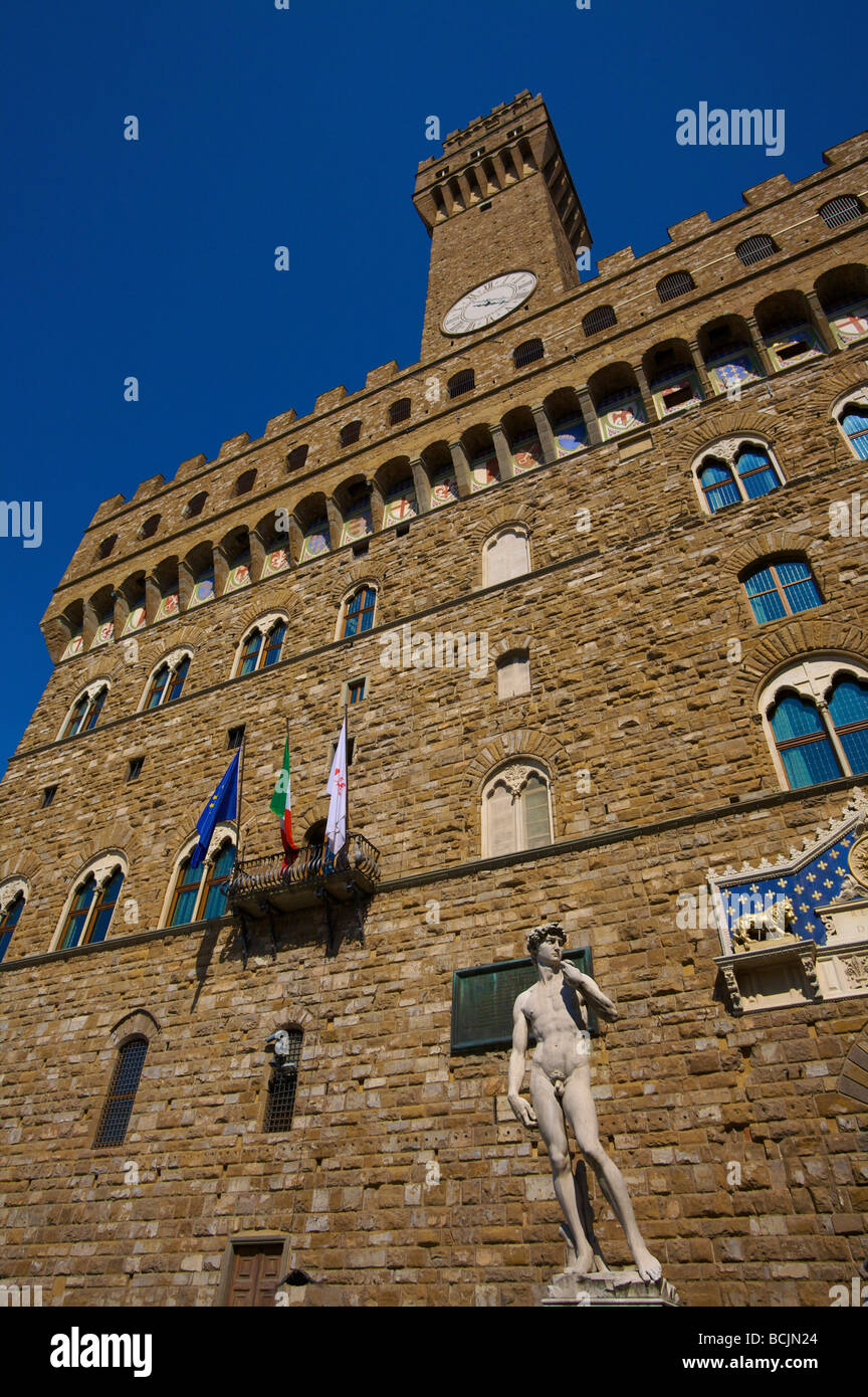 Palazzo Vecchio et Statue de David, Florence, Italie Banque D'Images