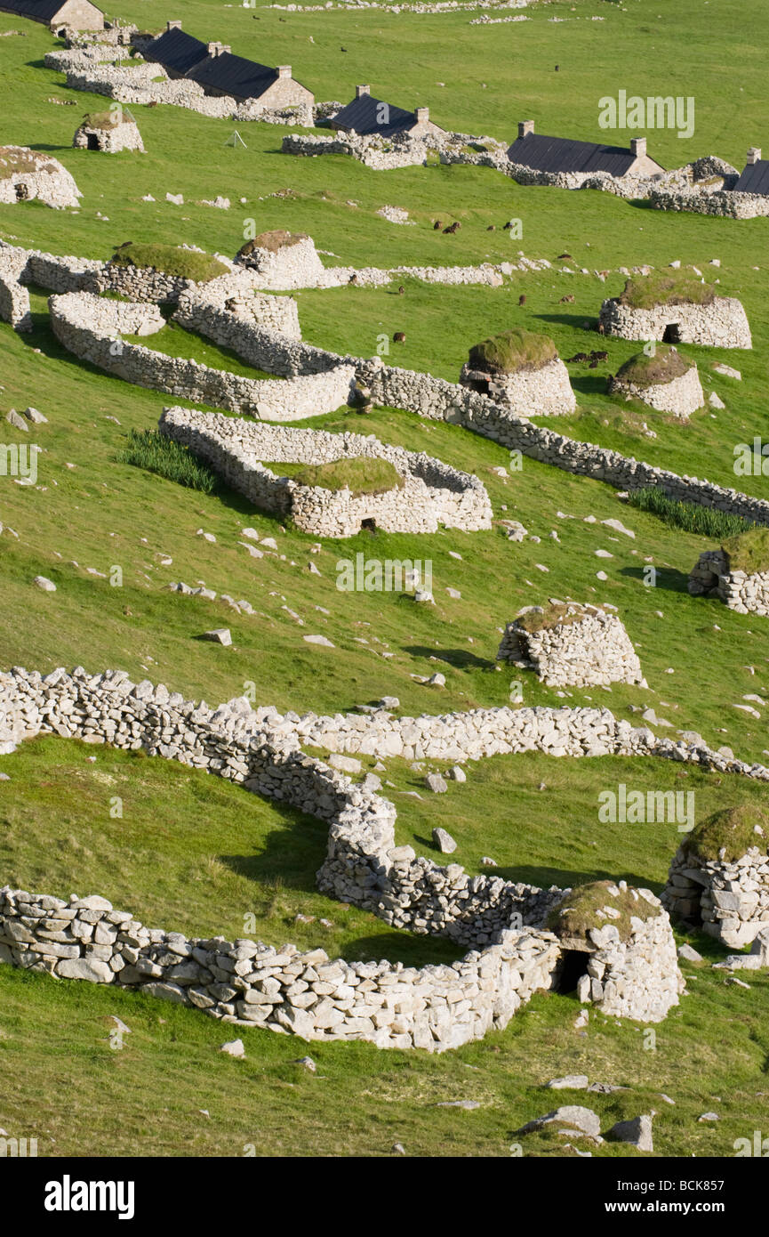 Village historique avec pierre cleits, moutons Soay et des corrals, Village Bay, hirta, St Kilda, Ecosse, SITE DU PATRIMOINE MONDIAL Banque D'Images