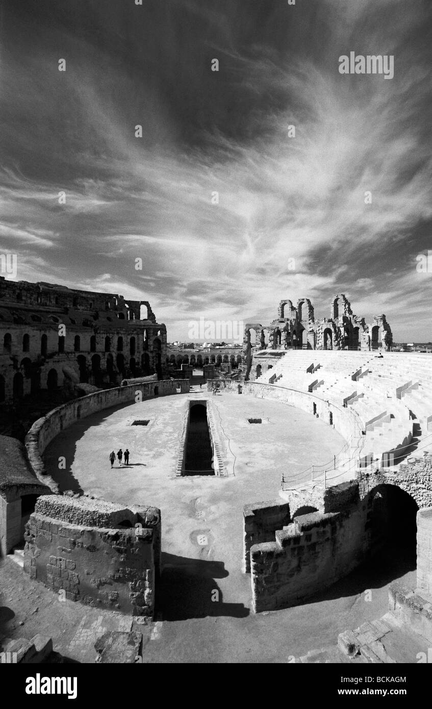 La Tunisie, l'amphithéâtre romain d'El Djem, b&w Banque D'Images