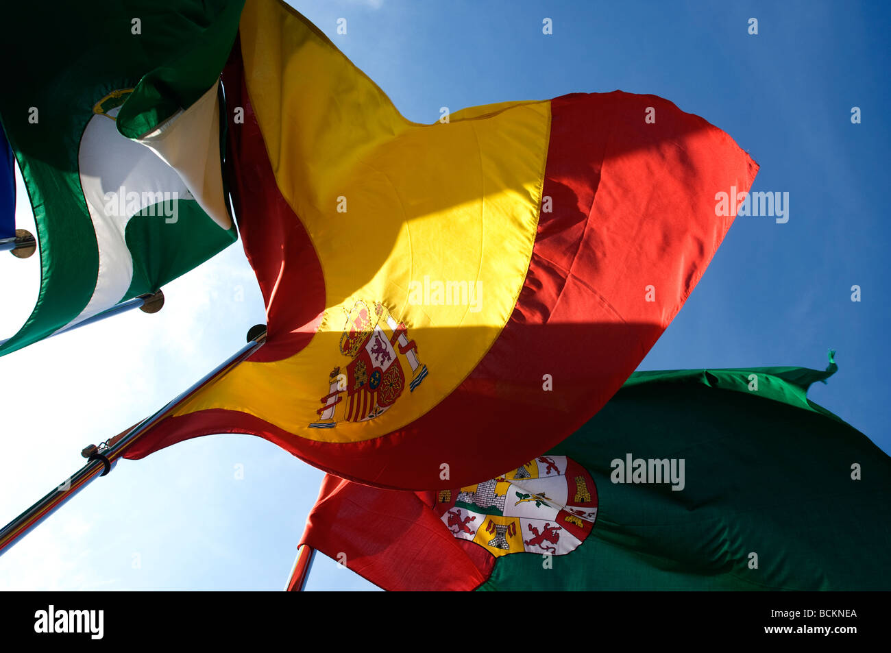 L'UE, d'Andalousie et de drapeaux espagnols voler avec la Bandera de Granada le drapeau de Grenade. Banque D'Images