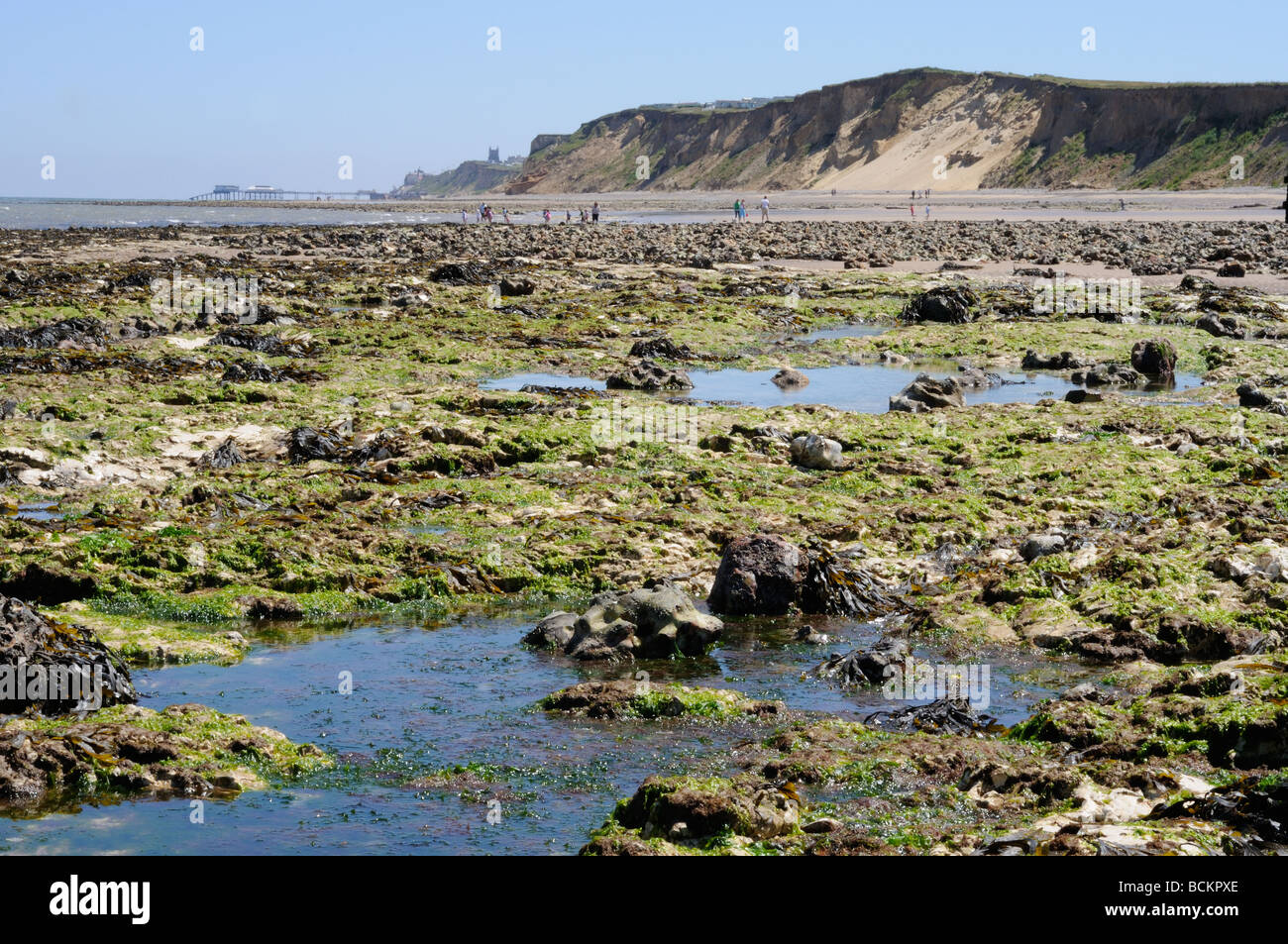 La plage de West Runton montrant rock pools et les dépôts glaciaires dans les falaises de roche glaciaire distance Banque D'Images