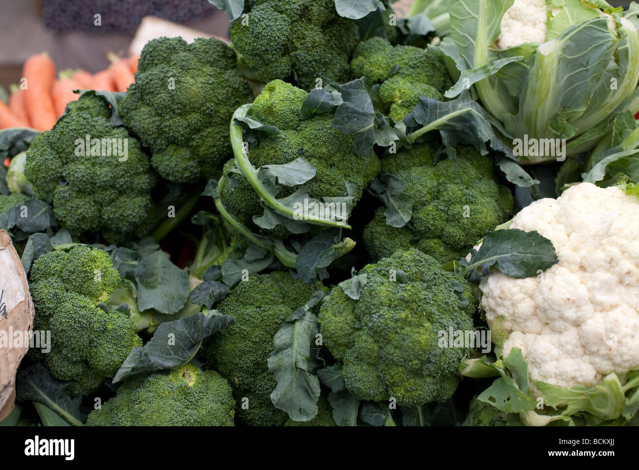 Les légumes cultivés naturellement vendus sur le marché le brocoli et chou-fleur Banque D'Images