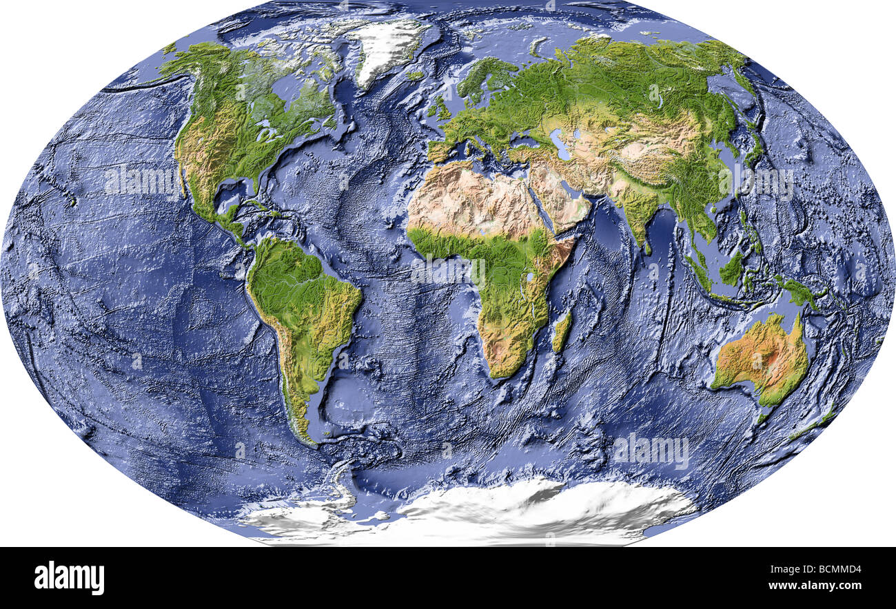 Carte du monde, avec relief ombré à l'ombre de l'océan. Banque D'Images