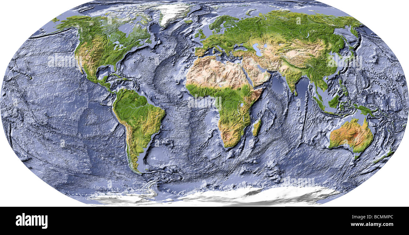 Carte du monde, avec relief ombré à l'ombre de l'océan. Banque D'Images
