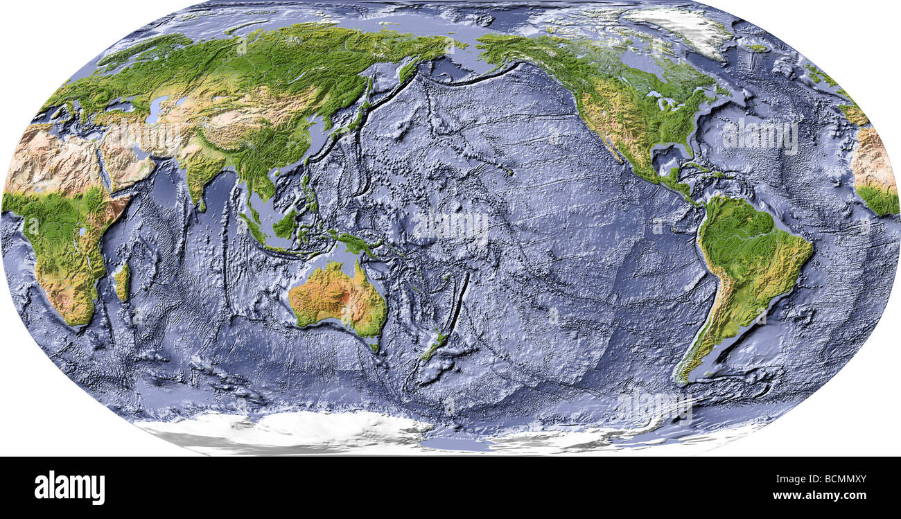 Carte du monde, avec relief ombré à l'ombre de l'océan, centrée sur le Pacifique. Banque D'Images