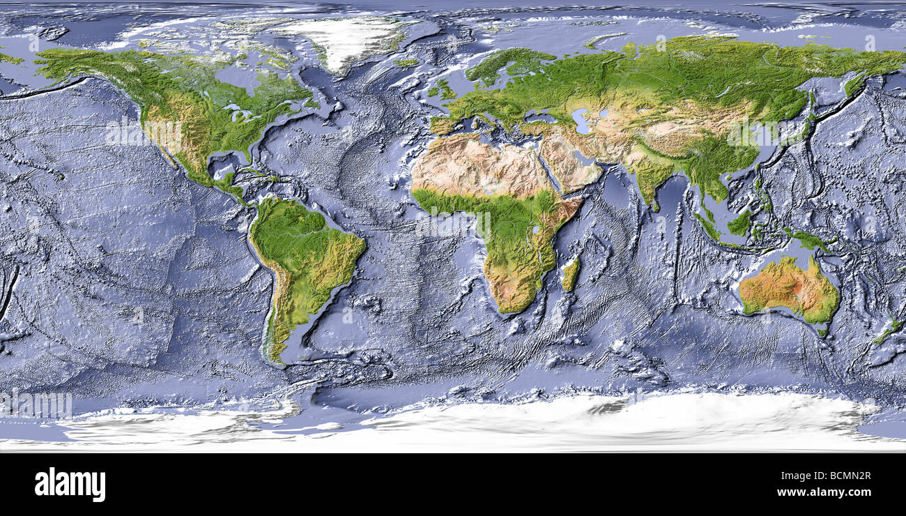 Carte du monde, avec relief ombré à l'ombre de l'océan Banque D'Images