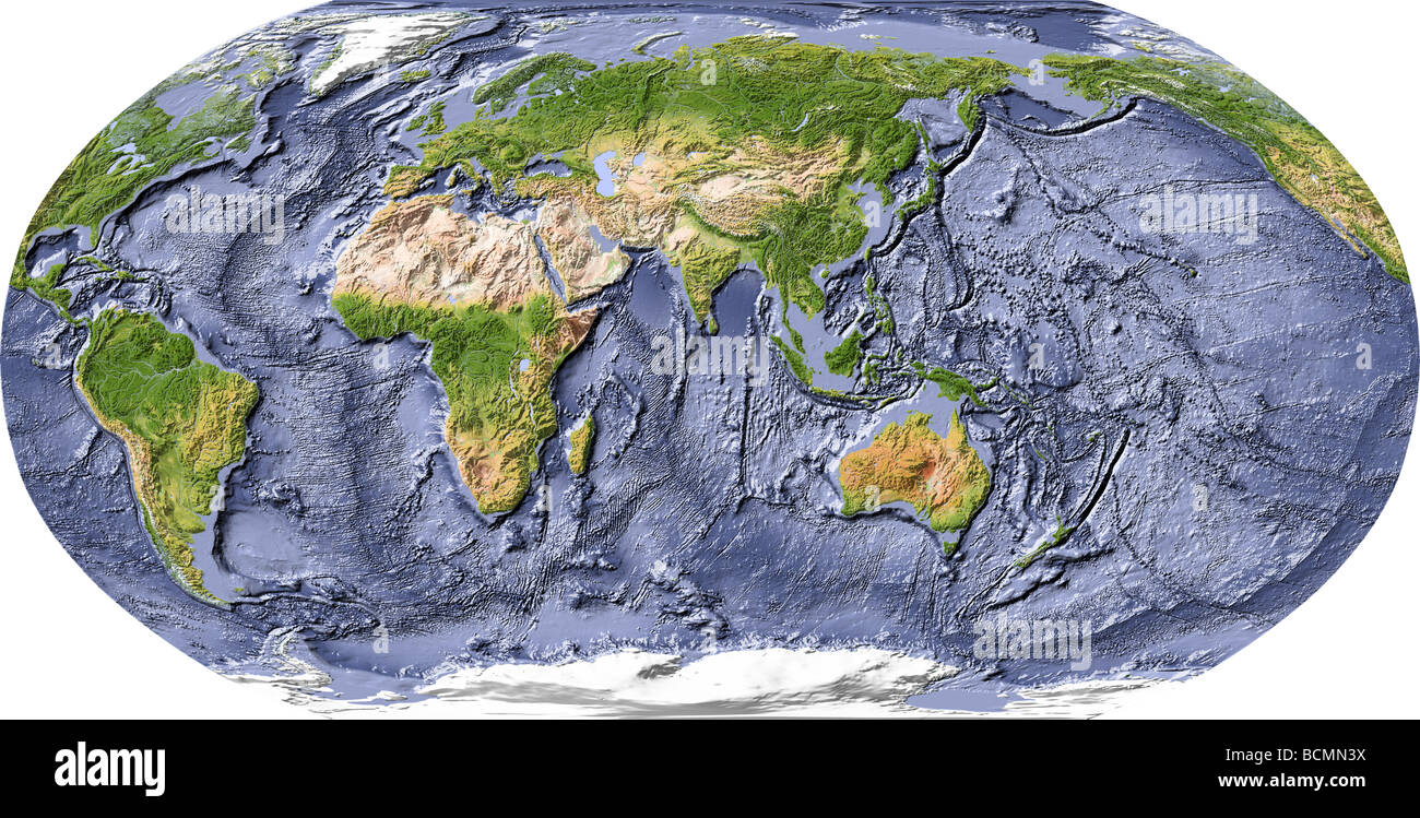Carte du monde, carte de relief,avec l'ombre de l'océan, centrée sur l'Inde Banque D'Images