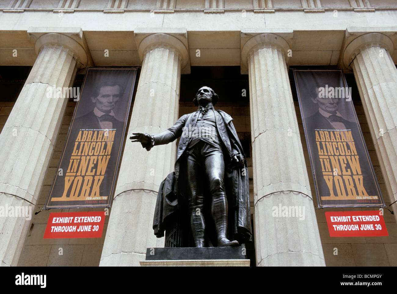 New York Wall Street Federal Hall National Memorial Museum USA. Statue de George Washington, quartier historique de Wall Street Banque D'Images