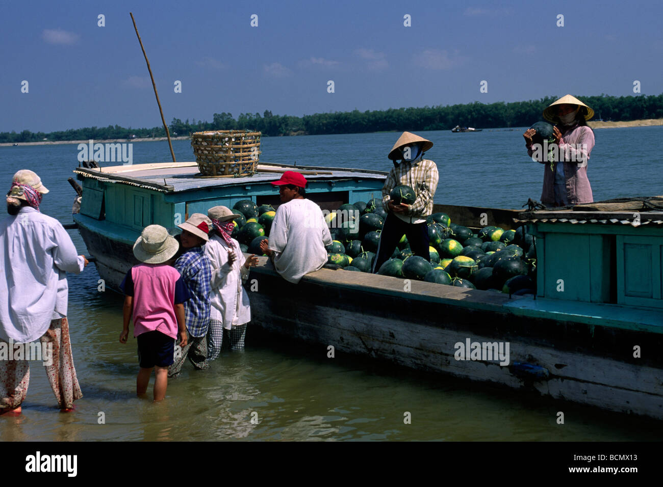 Vietnam, Hoi an, rivière Thu bon, gens déchargeant des pastèques d'un bateau Banque D'Images
