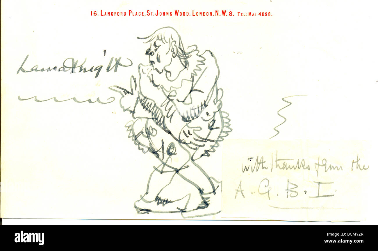 Original signé plume et encre croquis d'un clown de cirque par Dame Laura Knight sur son papier à lettre. Banque D'Images