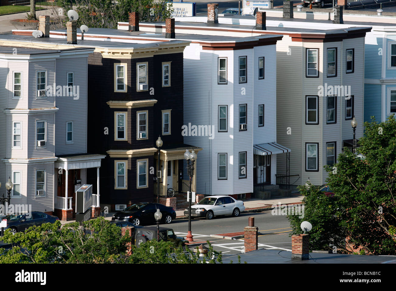 Decker Triple maisons, East Boston, Massachusetts Banque D'Images