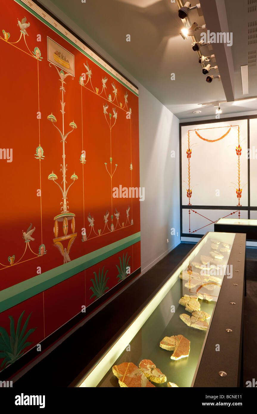 Fresque gallo-romaine de reproduction et d'affichage en cas converti Musée Archéologique / Musée archéologique - Martizay, Indre, France. Banque D'Images