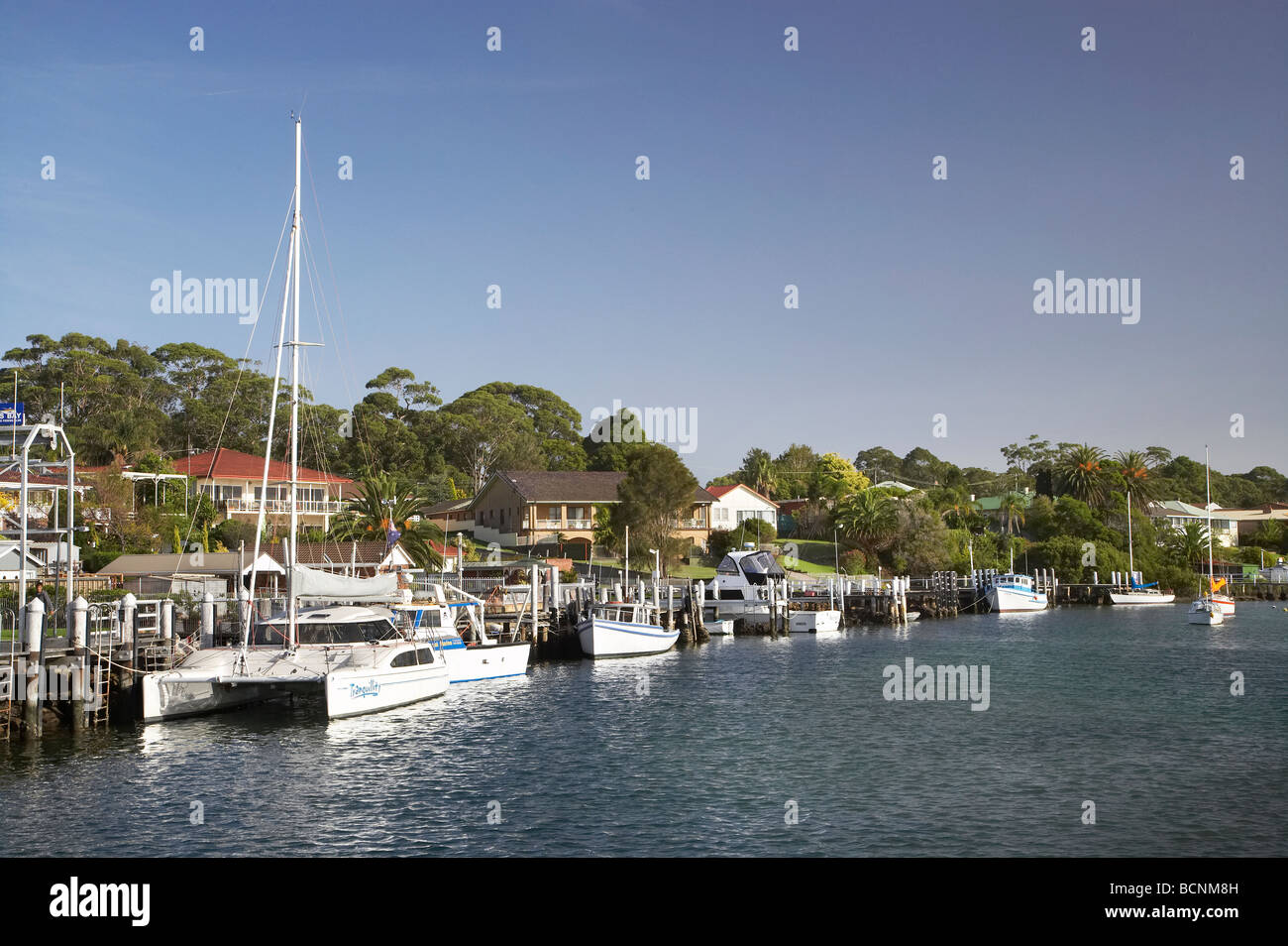 Yachts amarrés à Currambene Creek Huskisson Jervis Bay, New South Wales Australie Banque D'Images