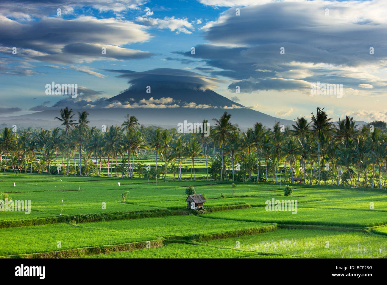 Un ciel dramatique au-dessus de la crête volcanique de Gunung Agung et les champs de riz, près de Ubud, Bali, Indonésie Banque D'Images