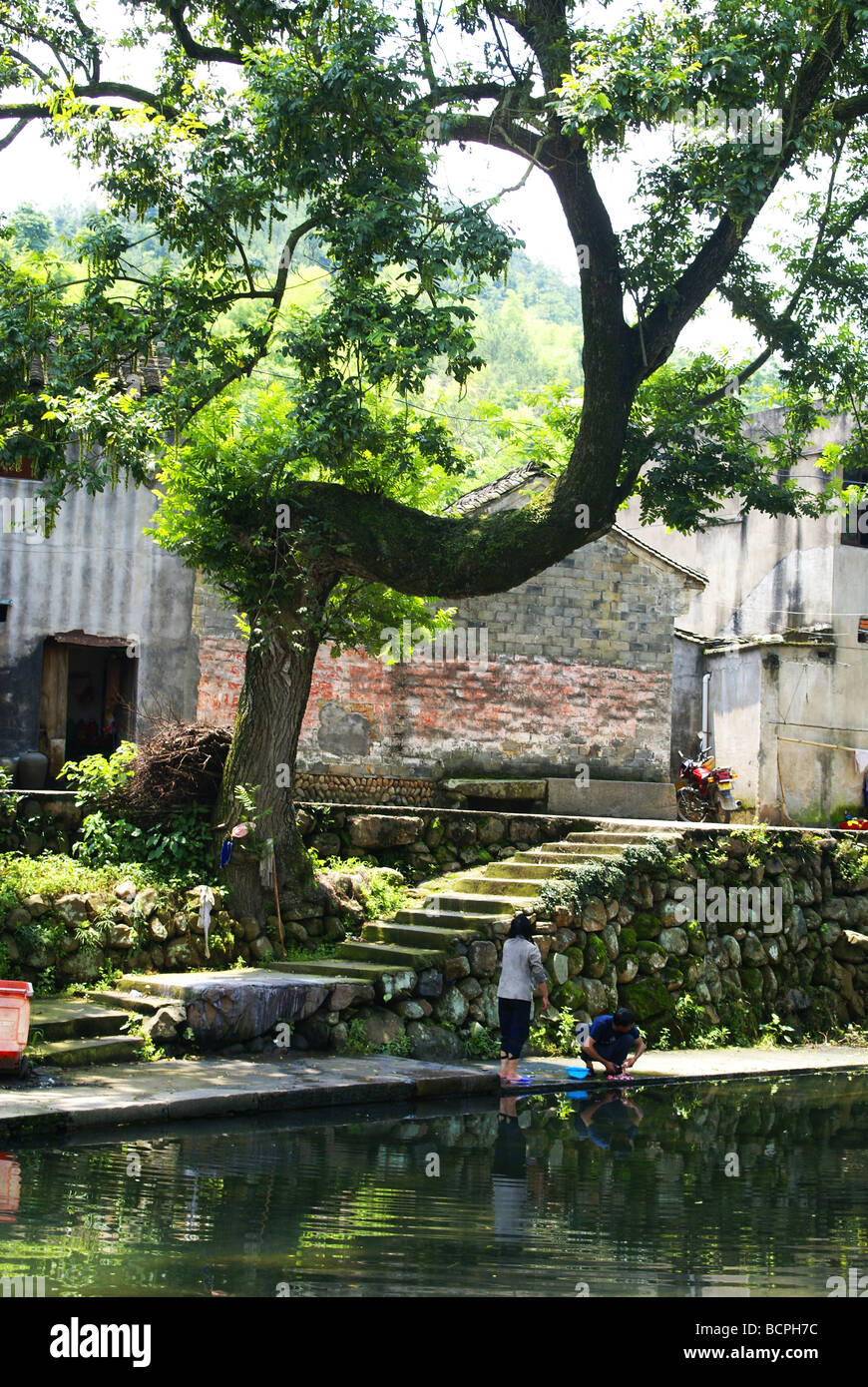 La femme lave-chiffon dans la rivière, à Fenghua, dans la province du Zhejiang, Chine Banque D'Images