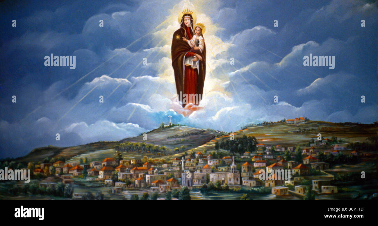 Deir El Qamar Liban Saidet Ell Talle Eglise Maronite Peinture de la Vierge Marie et l'enfant Banque D'Images