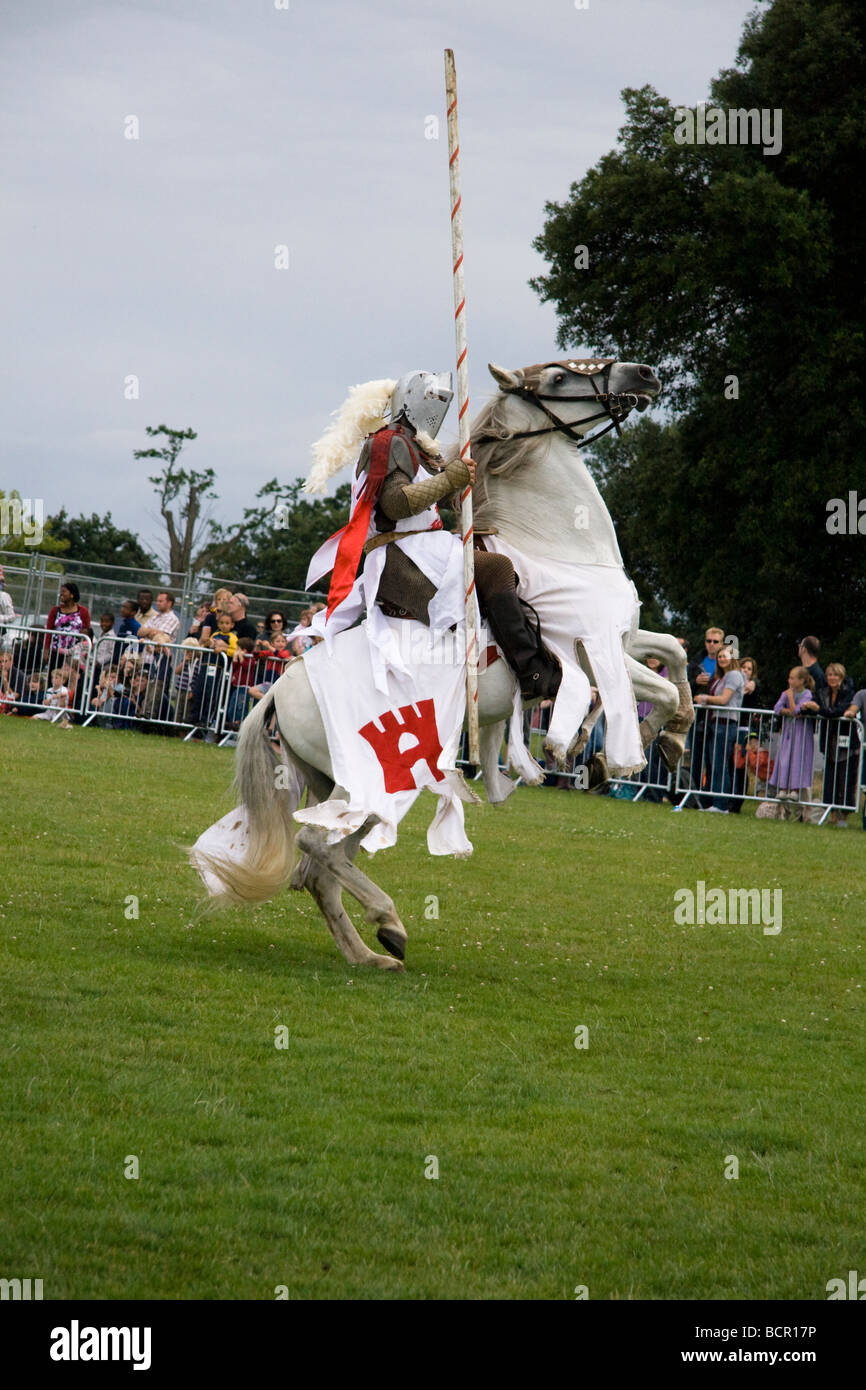 Medieval jousting un chevalier sur un cheval de l'élevage, pays de Lambeth Show, Londres, Angleterre, Royaume-Uni. 18 Juillet 2009 Banque D'Images