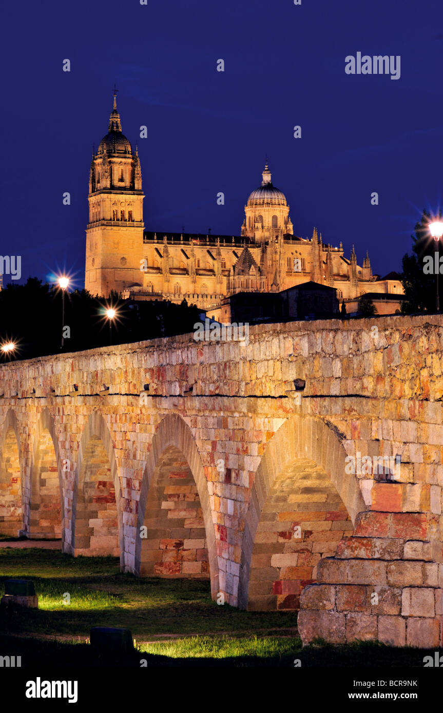 L'Espagne, de Castille-león : pont romain et des cathédrales de Salamanque par nuit Banque D'Images