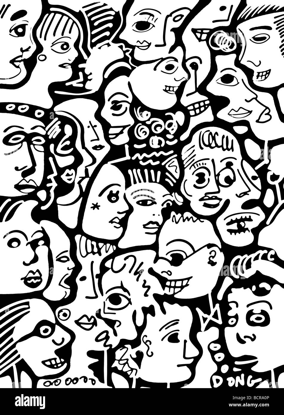 B&w caricature foule, 2007, Diana Ong (b.1940) Sino/Infographie Banque D'Images