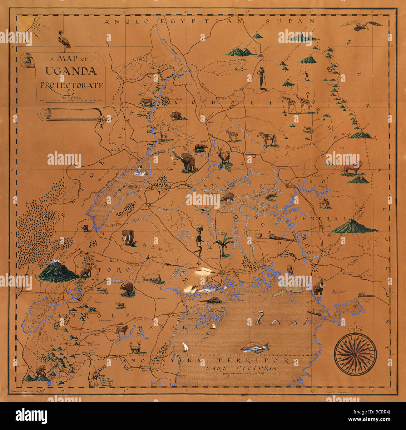 Plan dessiné à la main de l'Ouganda, Afrique de l'Est, 1937. Artiste est n'Mathews (arpenteur). Banque D'Images