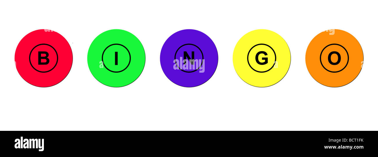 Rangée de cinq boules colorées orthographe mot bingo isolé sur fond blanc Banque D'Images