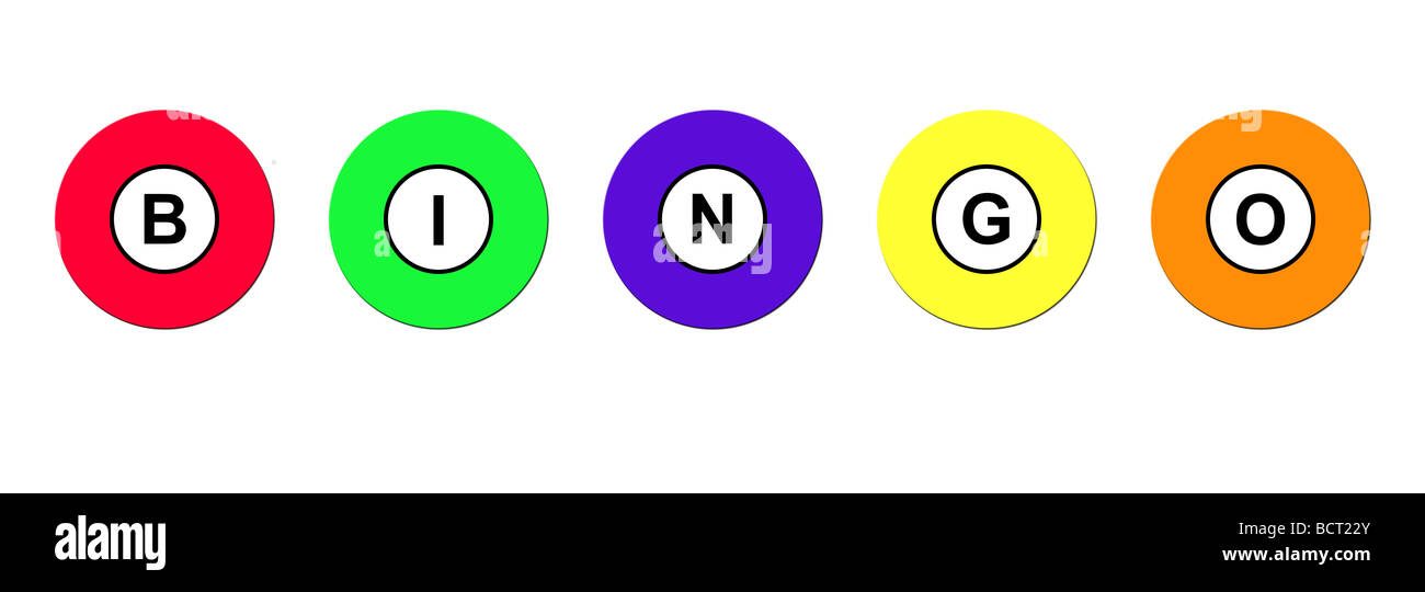 Rangée de cinq boules colorées orthographe mot bingo isolé sur fond blanc Banque D'Images
