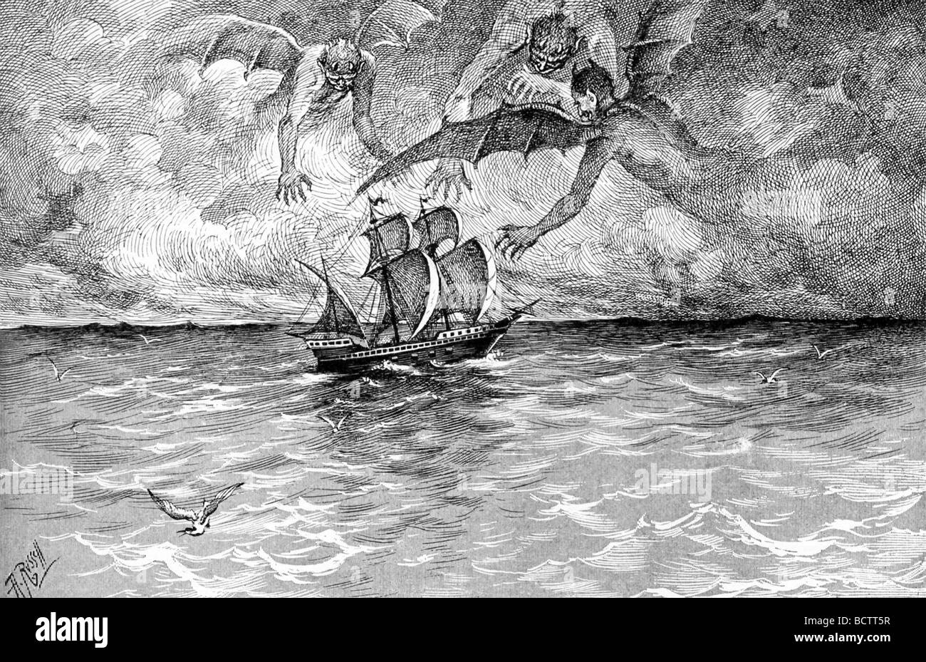 Cette illustration 1891 est une représentation fantaisiste de trois démons tempête à propos de nab un navire voile dans les eaux libres. Banque D'Images