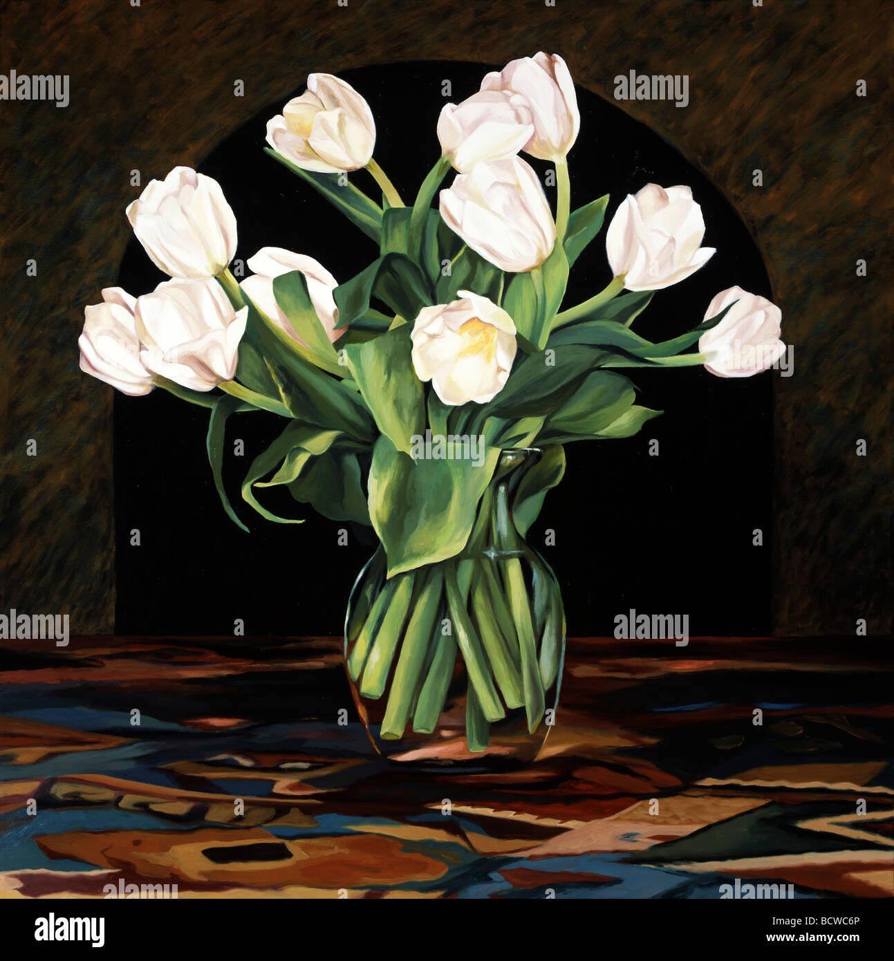 Tulipes blanches par Helen J. Vaughn, huile sur toile, 2008 Banque D'Images