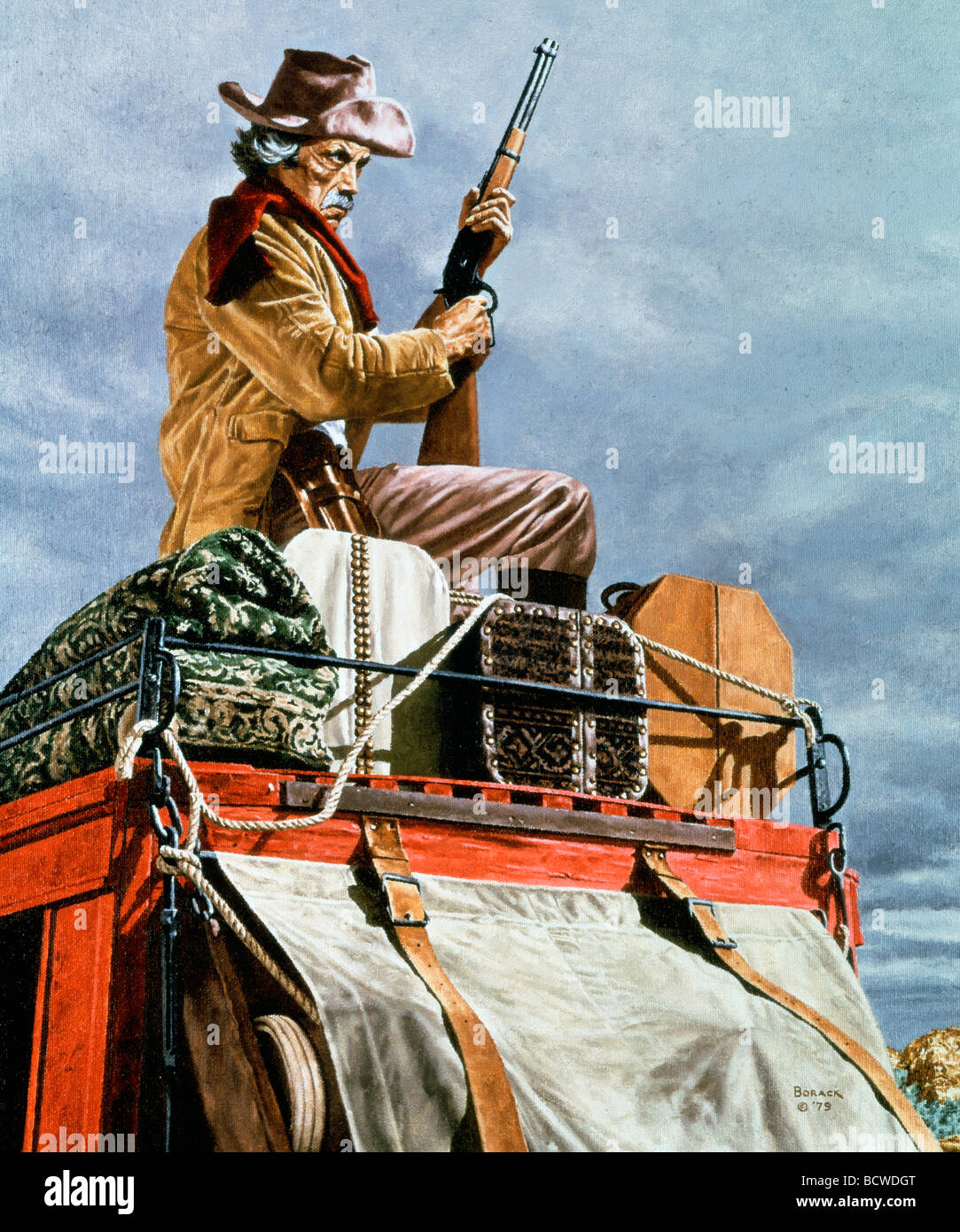 Au fusil Cowboy assis sur stagecoach par Stanley Borack, 20e siècle Banque D'Images