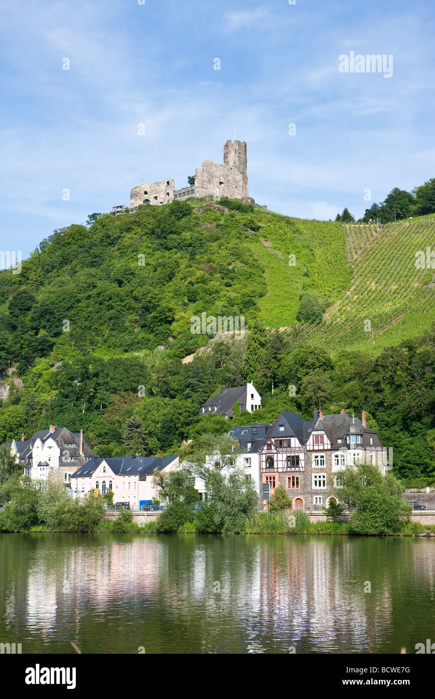 Avis de Bernkastel-Kues, à l'arrière les ruines du château de Landshut, Bernkastel-Kues, Moselle, Rhénanie-Palatinat, Allemagne, Union européenne Banque D'Images