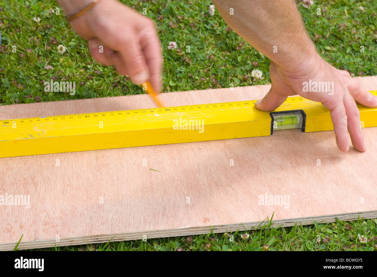 Marquage bricoleur une ligne droite sur une feuille de bois en utilisant un niveau à bulle Banque D'Images