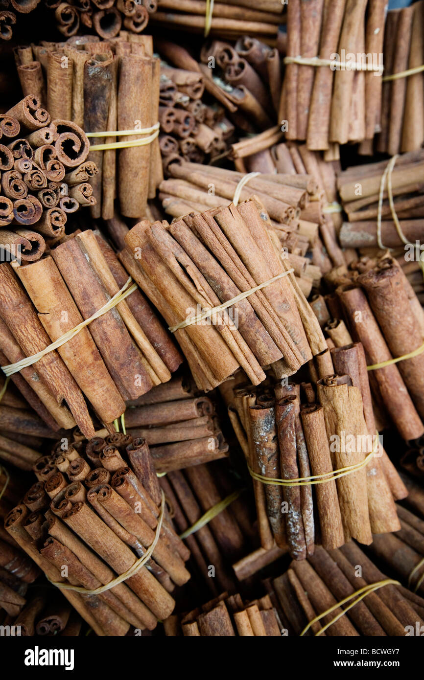 Les bâtons de cannelle sur l'affichage à une étroite ruelle du marché (souk souk) ou dans la vieille ville (médina) de Marrakech, Maroc. Banque D'Images