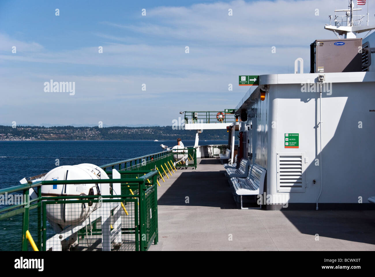 Un passager solitaire accompagné d'une mouette bénéficie de l'avis de Puget Sound à partir de la terrasse du Washington State Ferry Puyallup Banque D'Images