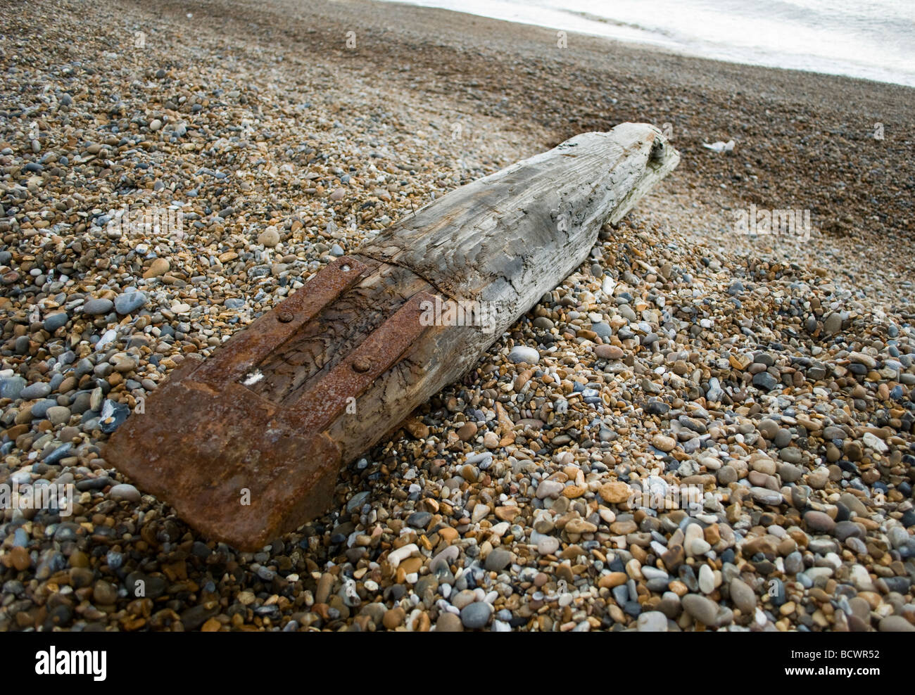 Grand morceau de bois flotté sur la plage de galets, Aldeburgh, Suffolk, UK. Banque D'Images